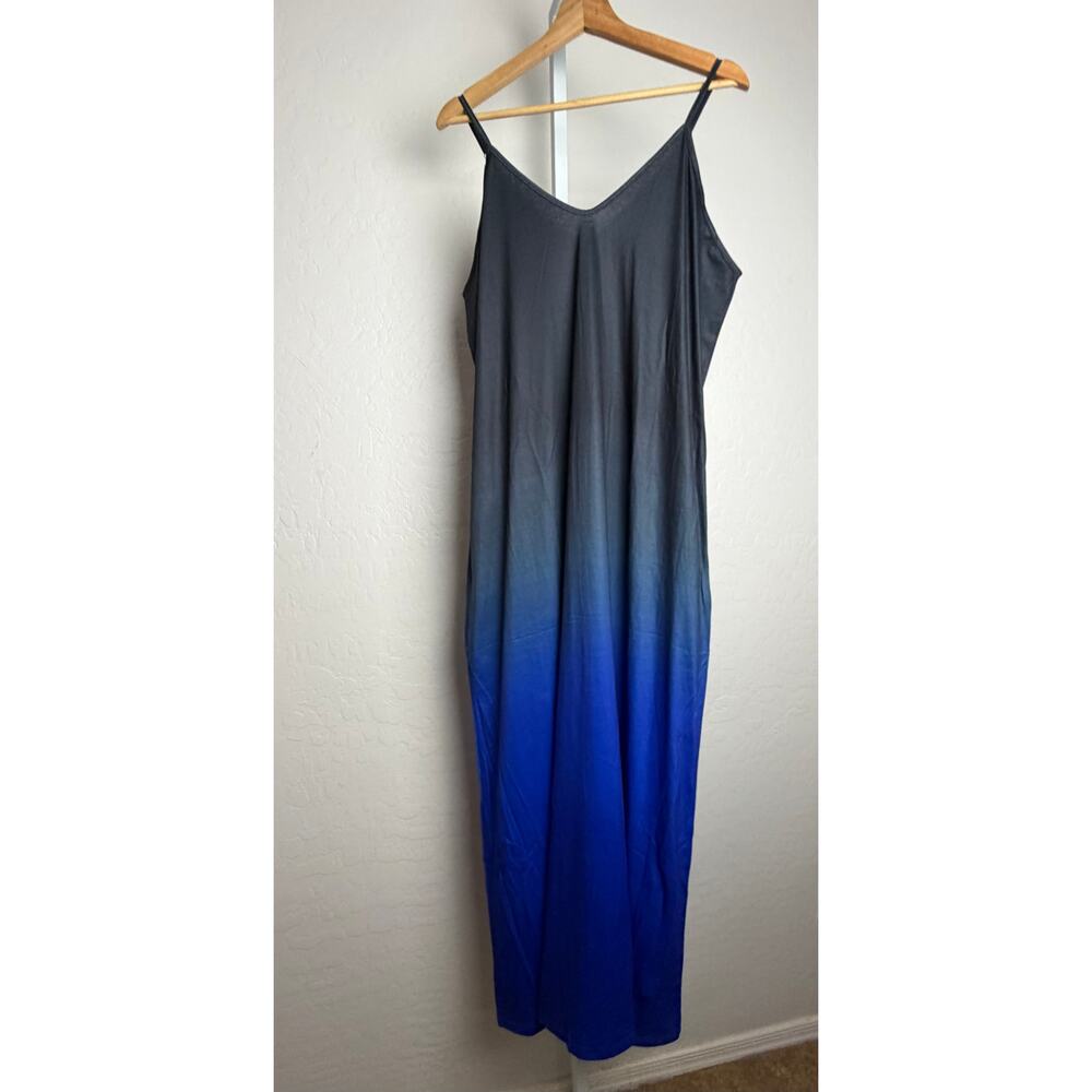 Womens Blue Ombre Maxi Dress Adjustable Strap Sleeveless Pocket Dress